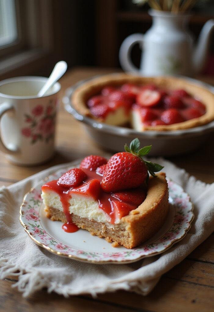A plated slice of Ultimate Strawberry Cheesecake Dump Cake on a cozy home table, featuring creamy layers topped with fresh strawberries and glaze, with a warm kitchen background.