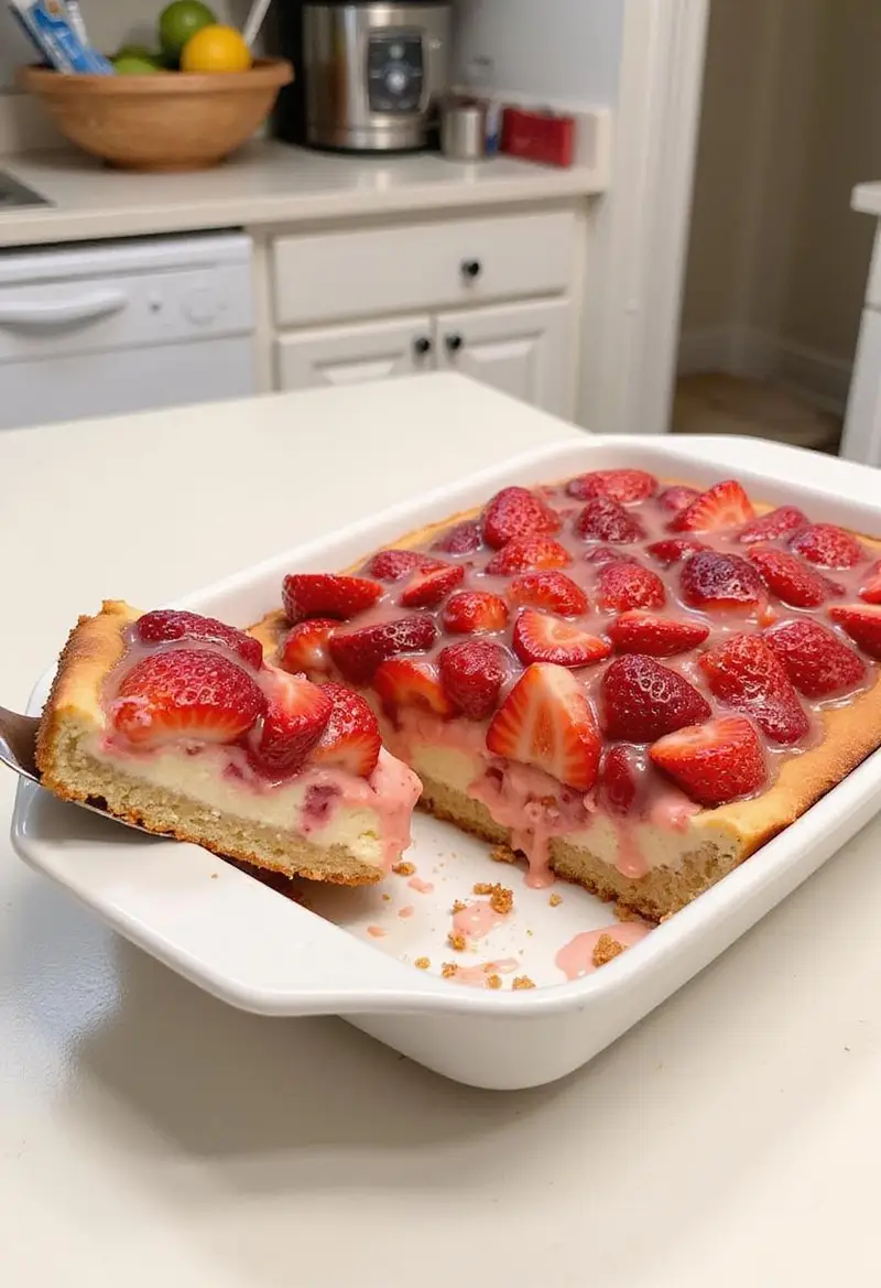 A whole and sliced Ultimate Strawberry Cheesecake Dump Cake on a kitchen counter, showing the layered dessert decorated with strawberries and glaze, with a bright kitchen background and baking tools nearby.