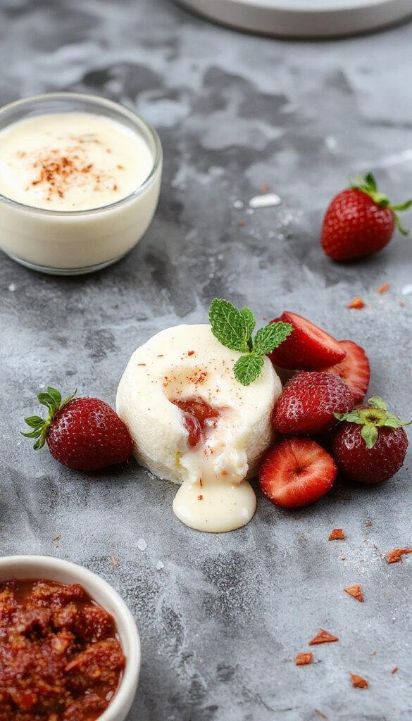 A elegant glass bowl filled with creamy vanilla panna cotta topped with roasted strawberries and fresh mint, served on a stylish plate.