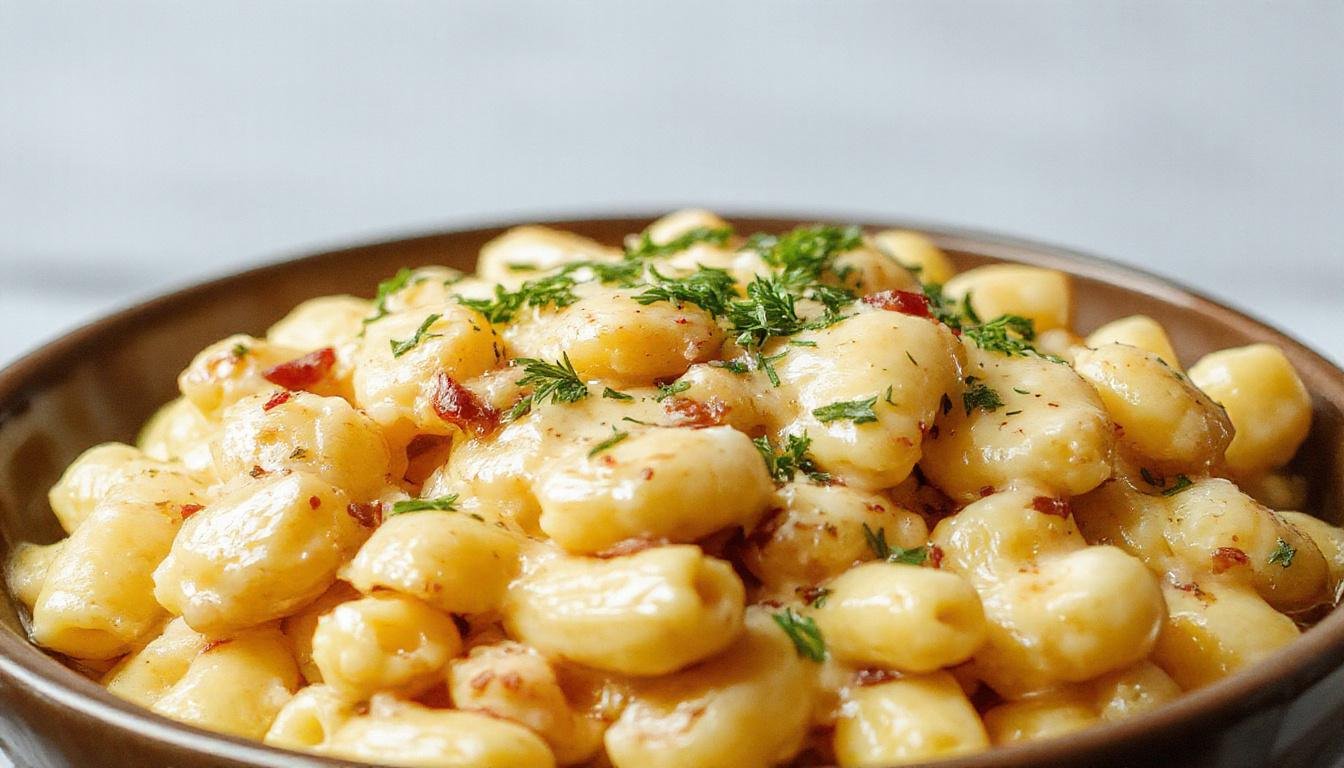 A creamy vegan mac and cheese served in a rustic white bowl, topped with fresh chopped herbs. The dish features al dente pasta coated in a smooth, velvety cashew sauce with a golden hue and a sprinkle of cracked black pepper on top. The background shows a wooden table with scattered cashews and leafy greens, highlighting the plant-based ingredients.