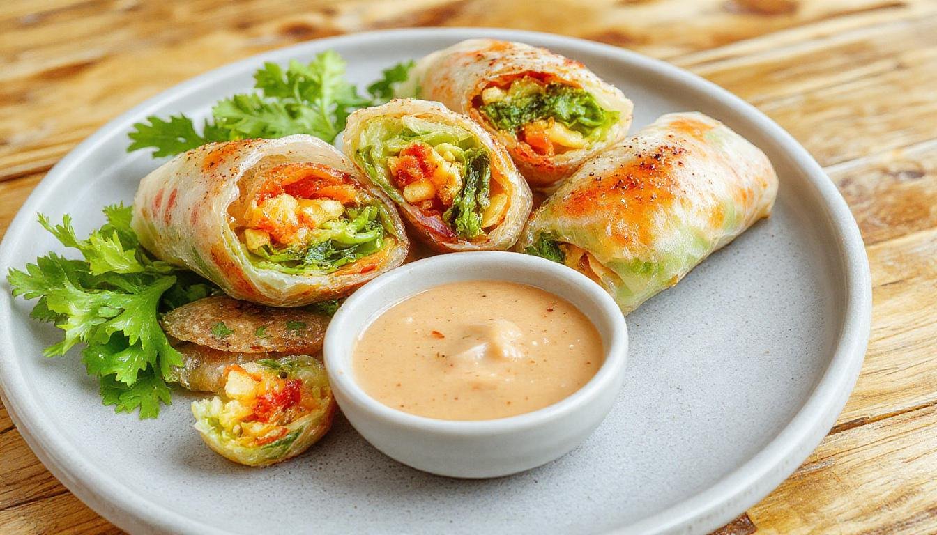 A close-up of vibrant veggie spring rolls neatly arranged on a white plate, showcasing translucent rice paper filled with colorful julienned vegetables like carrots, cucumbers, and bell peppers. Accompanying the rolls is a small bowl of creamy peanut dipping sauce. The presentation emphasizes freshness and crisp textures, with the rolls slightly glistening from the rice paper wrapping.