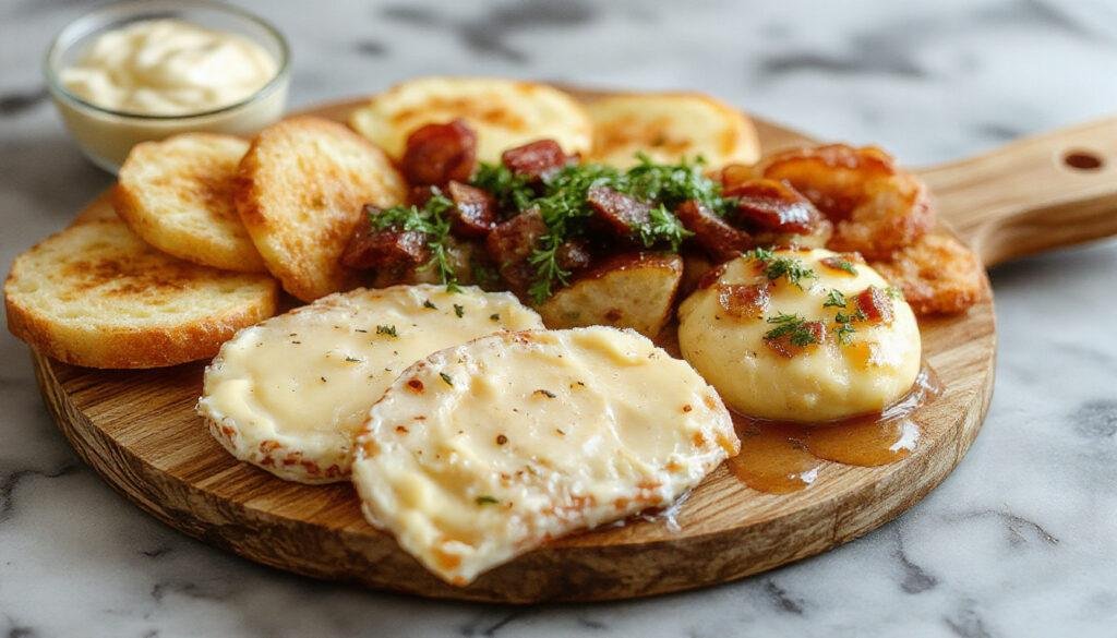 A beautifully arranged butter board featuring a wooden platter topped with softened butter, sprinkled herbs, colorful toppings like cherry tomatoes, nuts, and bread slices artfully scattered around. The presentation showcases an inviting, rustic yet elegant appetizer with vibrant colors and textures.