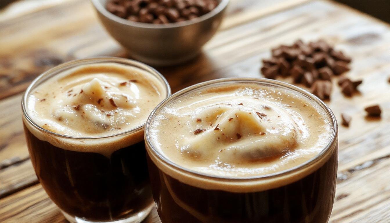 A close-up of a glass of whipped coffee with a frothy, creamy foam on top, topped with a sprinkle of cocoa powder. The coffee is layered over cold milk, creating a striking contrast between the dark coffee topping and the white milk below. The glass is clear, showcasing the visually appealing layers and textures, with a copper spoon resting beside it and a blurred background of a cozy kitchen setting.