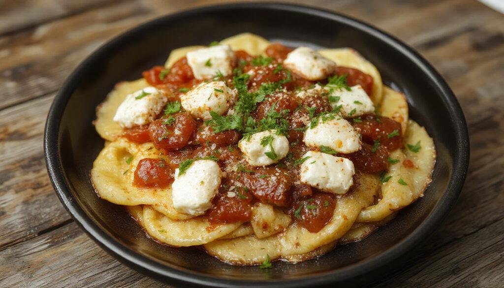 A close-up of a rustic white bowl filled with creamy baked feta and cherry tomato pasta, garnished with fresh basil leaves. The pasta is coated in a rich, orange-red sauce, with bubbly feta pieces visible. The background features a wooden table with scattered cherry tomatoes and a drizzle of olive oil, highlighting the vibrant colors and inviting textures.