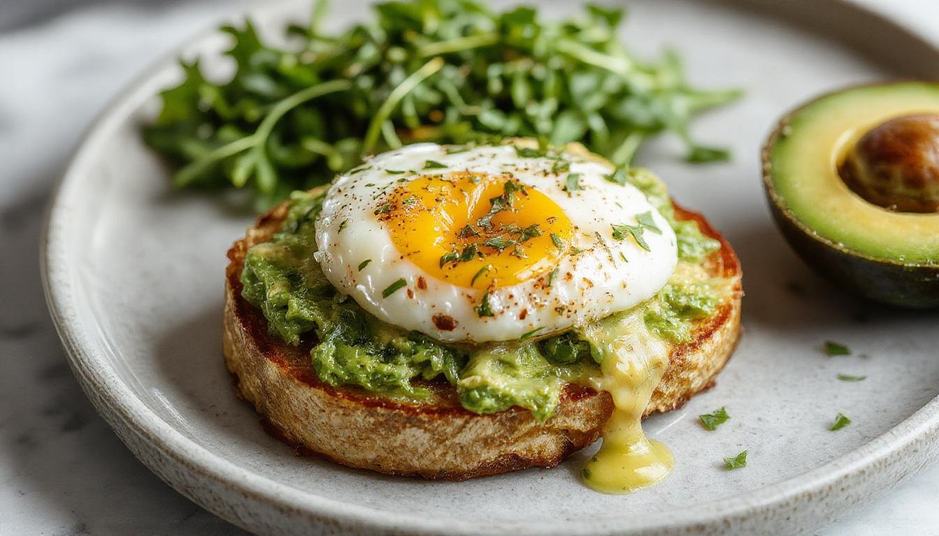 A close-up of a toasted slice of bread topped with creamy mashed avocado, delicately grated boiled egg, and a sprinkle of black pepper, garnished with fresh herbs. The vibrant green avocado contrasts with the pale egg and golden crust of the toast, creating an appetizing and colorful presentation.