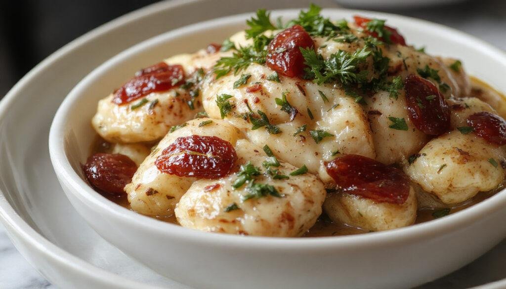 A beautifully plated serving of 'Marry Me' Chicken featuring tender, creamy chicken breasts topped with vibrant sun-dried tomatoes and fresh herbs. The dish is presented on a clean, elegant plate with a drizzle of sauce, highlighting the glossy, flavorful surface of the chicken and the deep red hues of the sun-dried tomatoes. The background is softly blurred, emphasizing the inviting presentation and rich textures of the dish.