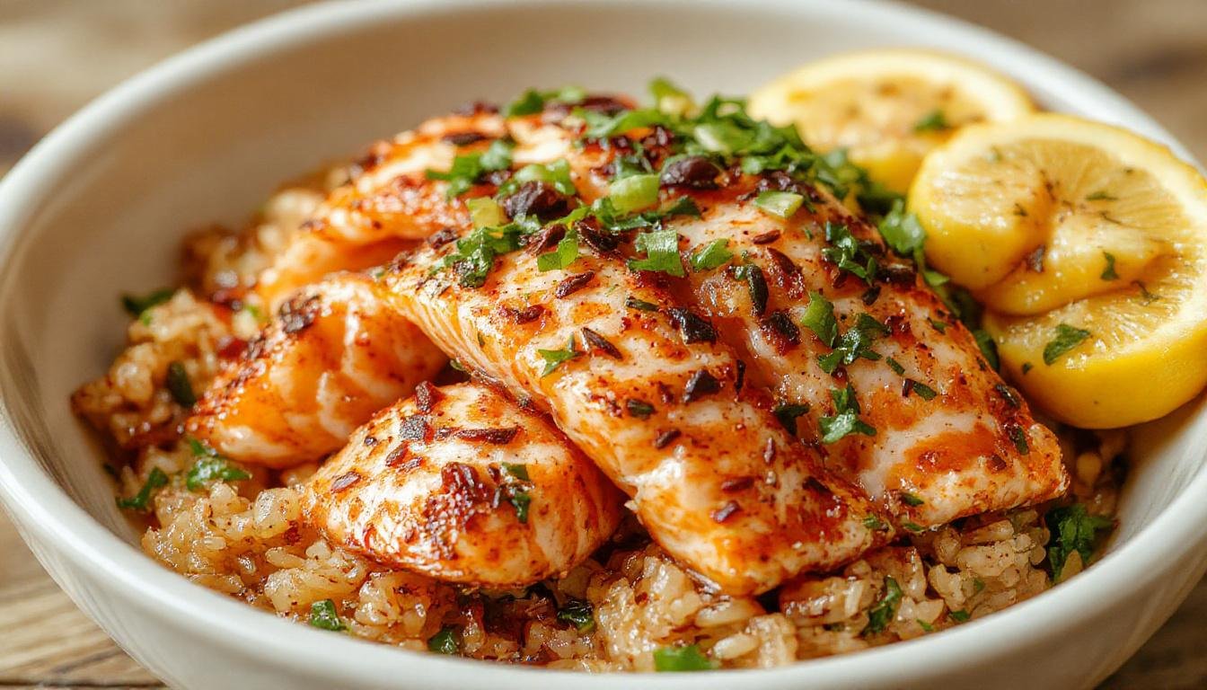 A vibrant salmon rice bowl featuring flaky pink salmon atop fluffy white rice, garnished with green scallions and sesame seeds, served in a modern white bowl with a side of pickled vegetables and drizzled with a glossy sauce, creating an inviting and colorful presentation.