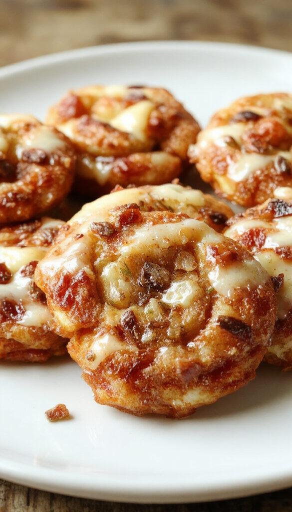 A plate of golden-brown warm baked apple fritters with a side of powdered sugar and caramel drizzle, fresh apple slices in the background.