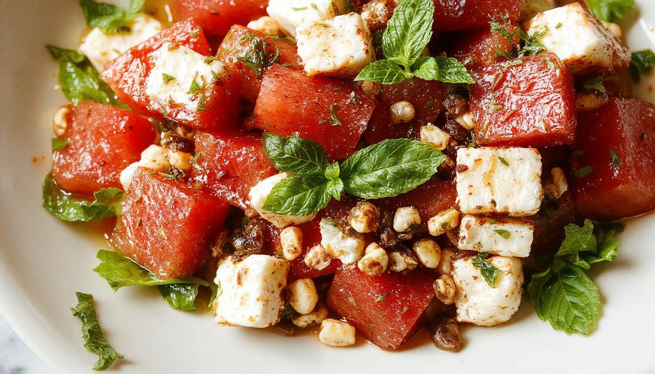 A vibrant watermelon feta mint salad served in a clear glass bowl. Juicy red watermelon cubes contrasted with crumbled white feta cheese and bright green mint leaves, garnished with a drizzle of balsamic glaze. The colorful ingredients are arranged artfully, highlighting freshness and contrast.