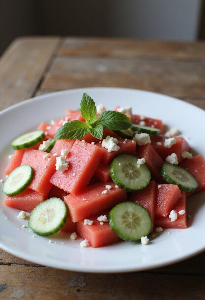 A colorful watermelon salad with cucumber slices and feta cheese served on a white plate, presented in a cozy home setting with wooden table and natural light, highlighting the fresh and healthy ingredients.