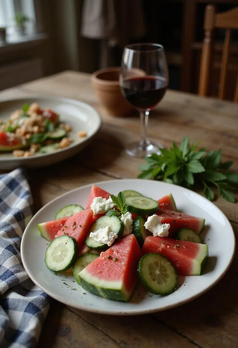 A realistic image of a watermelon salad with cucumber and feta on a plate, styled in a cozy kitchen with warm lighting, wooden table, and fresh herbs for garnish, emphasizing a home-cooked healthy meal.