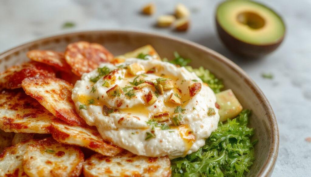 A creamy white whipped feta dip garnished with crushed pistachios and a drizzle of honey, served in a white bowl on a rustic wooden surface, with a sprig of green herbs and a honey jar nearby. The dip has a smooth, fluffy texture with bits of crushed nuts visible on top, and the honey adds a glossy finish.