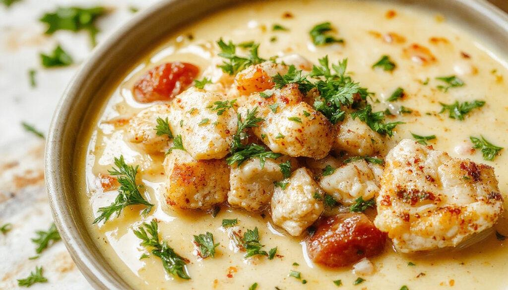 A bowl of white chicken chili topped with shredded cheese, fresh cilantro, and a dollop of sour cream, with chunks of shredded chicken and white beans visible, garnished with sliced green onions on a rustic wooden table.