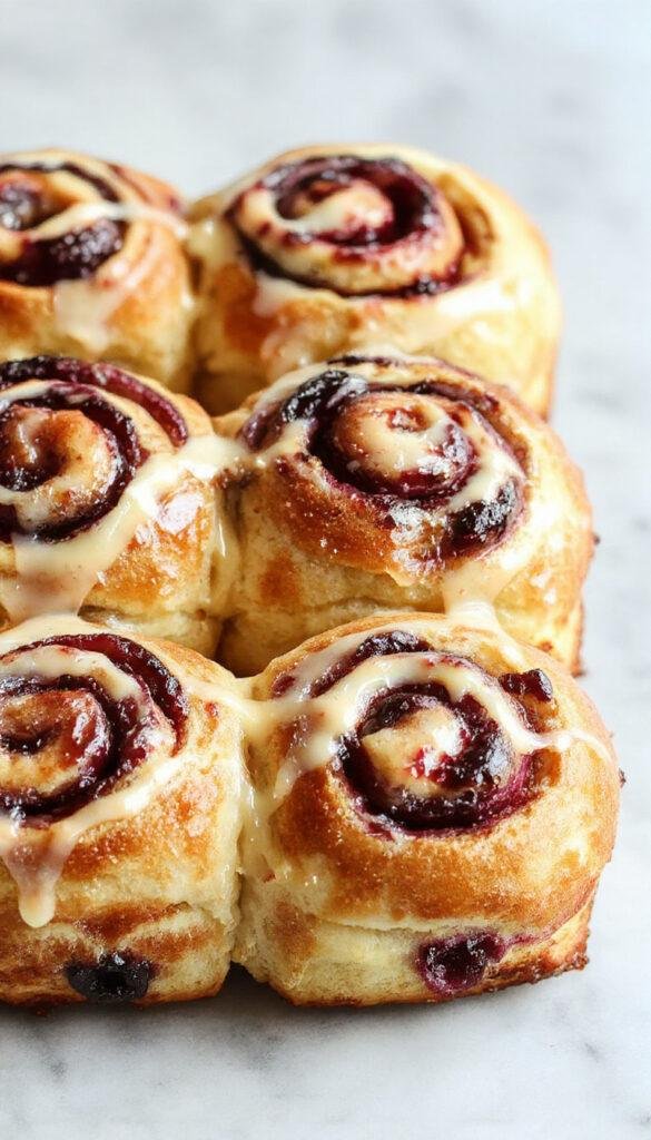Sweet Slavic-inspired Vatruschka buns filled with wild blueberries and smooth ricotta, topped with a golden glaze on a rustic wooden table.