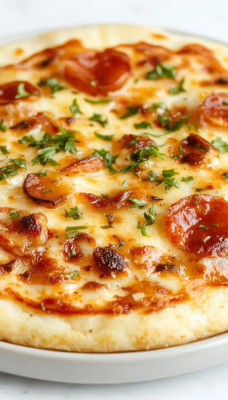 Freshly baked focaccia pizza topped with colorful vegetables, melted cheese, and herbs, garnished with a drizzle of olive oil.