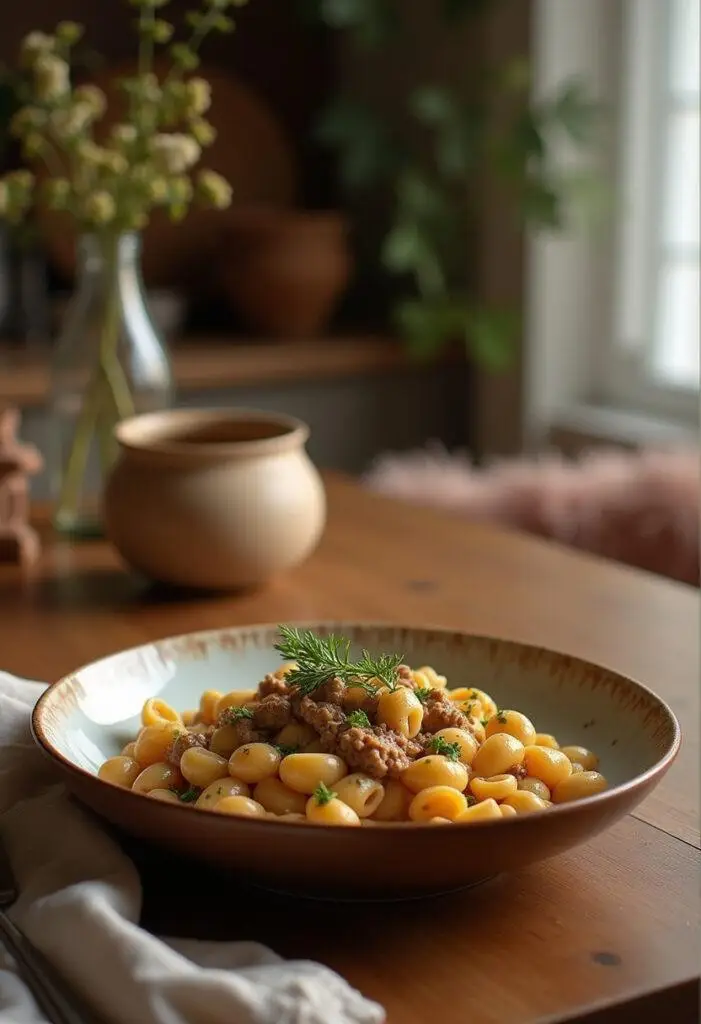 A realistic image of creamy beef and shells pasta plated on a cozy dining table in a warm home setting, featuring creamy pasta with beef and herbs on a rustic bowl and soft lighting.