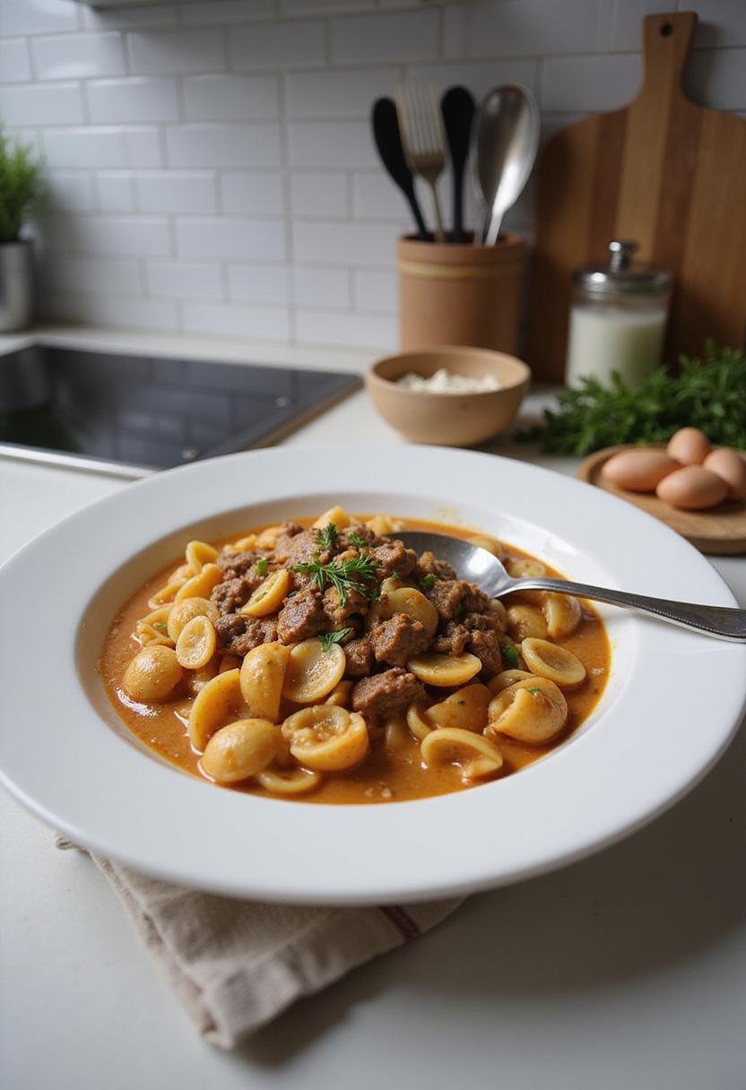 A realistic image of creamy beef and shells pasta plated on a kitchen countertop in a bright, modern kitchen, highlighting the rich sauce, tender beef, and herbs garnished on the pasta.