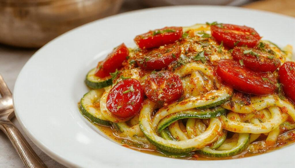 A vibrant plate of zucchini noodles (zoodles) topped with fresh green pesto, cherry tomatoes halved to reveal their juicy interior, garnished with basil leaves. The zoodles are neatly twirled on a white ceramic plate, showcasing their spiral shape and glossy texture, with colorful cherry tomatoes adding pops of red and orange for visual appeal.