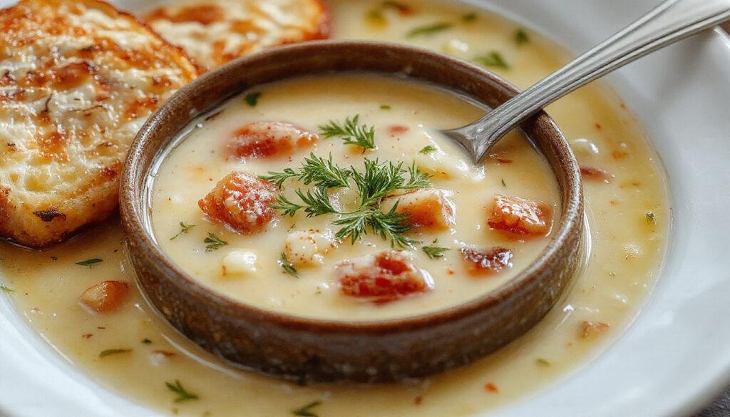 A rustic bowl of Zuppa Toscana Soup featuring creamy white broth with slices of sausage, chopped kale, and crispy bacon scattered on top, garnished with herbs, served alongside a crusty bread roll.