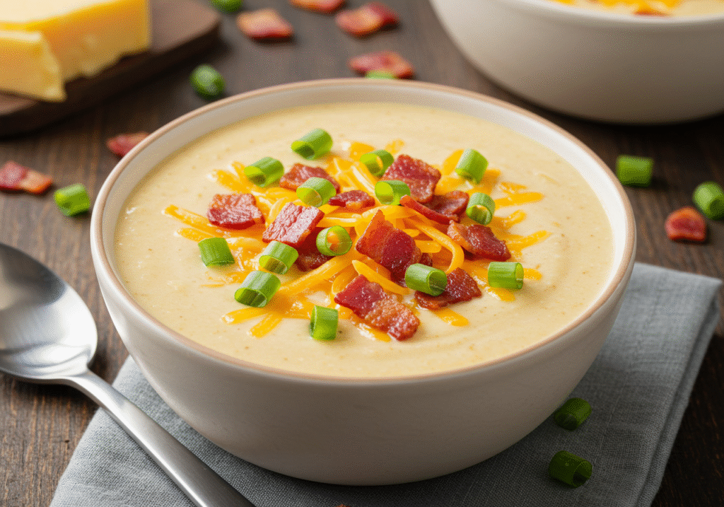 A rustic bowl of loaded baked potato soup topped with shredded cheese, crispy bacon bits, chopped green onions, and a dollop of sour cream. The soup has a thick, creamy texture with visible chunks of potato, set on a wooden table with a spoon beside it and fresh ingredients in the background.