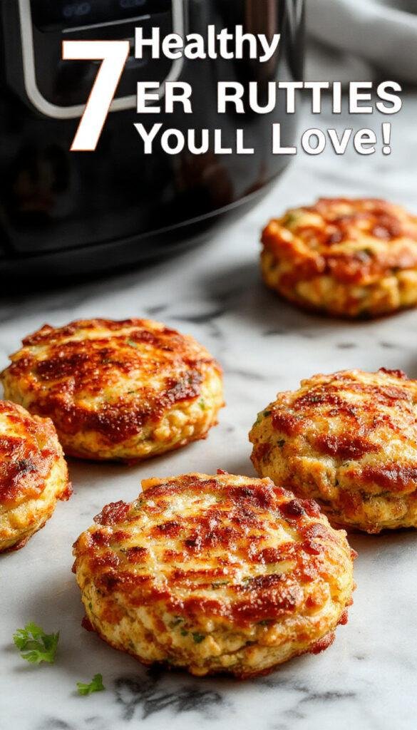 A plate of golden-brown healthy air fryer chicken patties garnished with fresh herbs and lemon slices, arranged neatly on a white serving platter.