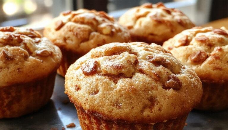 A close-up of golden-brown apple cinnamon muffins arranged on a rustic wooden plate, topped with a sprinkle of cinnamon sugar and visible apple chunks inside. The muffins have a slightly cracked, textured surface, showcasing their moist interior and inviting aroma. Fresh sliced apples and a cinnamon stick are artfully placed beside the muffins, enhancing the warm, cozy presentation.