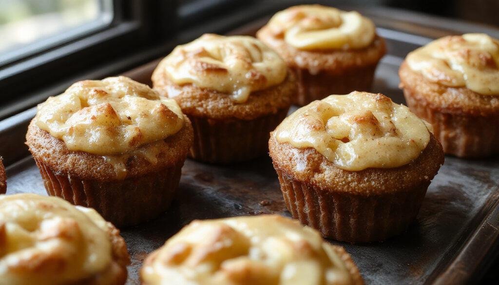 A tray of golden-brown apple pie cupcakes topped with a swirl of cinnamon-spiced apple filling and a dusting of powdered sugar, arranged on a rustic wooden surface with a few apple slices and cinnamon sticks nearby.