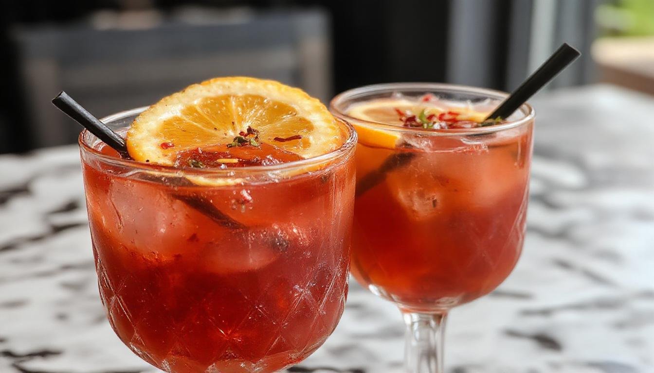A glass of Autumn Gin Sour with a golden amber hue, garnished with a thin apple slice and a cinnamon stick, set on a rustic wooden table with fall leaves in the background. The cocktail is frosted slightly, with a smooth surface and a hint of citrus zest on the rim.