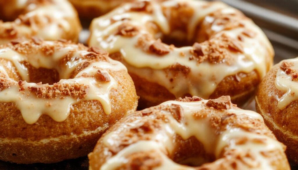 A close-up of three golden-brown baked pumpkin spice donuts arranged on a rustic wooden plate, topped with a light dusting of cinnamon sugar, with a few pumpkin seeds scattered around, all set against a cozy autumn-themed background with warm orange and brown tones.