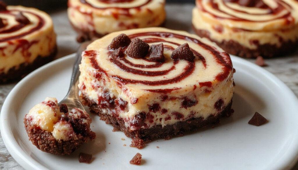 A rich, creamy cheesecake with swirling dark and light batter creating a spooky spiral pattern on the top. It is garnished with edible glitter and themed decorations like mini pumpkins and spooky charms, presented on a dark slate platter with moody lighting.