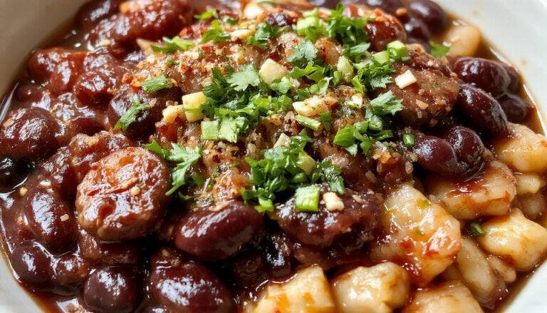 A vibrant plate featuring black beans and fluffy white rice topped with sliced grilled sausage, garnished with fresh herbs. The dish is served in a rustic bowl with a side of lime wedge, showcasing rich textures and bold colors.