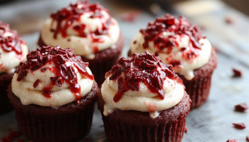 A close-up of vampire-themed cupcakes with bright red icing resembling blood, topped with tiny edible fangs and a hint of fake blood sauce, presented on a spooky black platter with Halloween decorations in the background.