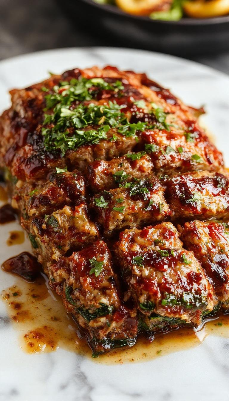 A beautifully plated vegetable meatloaf glazed with balsamic reduction, garnished with fresh herbs and colorful roasted vegetables on the side.