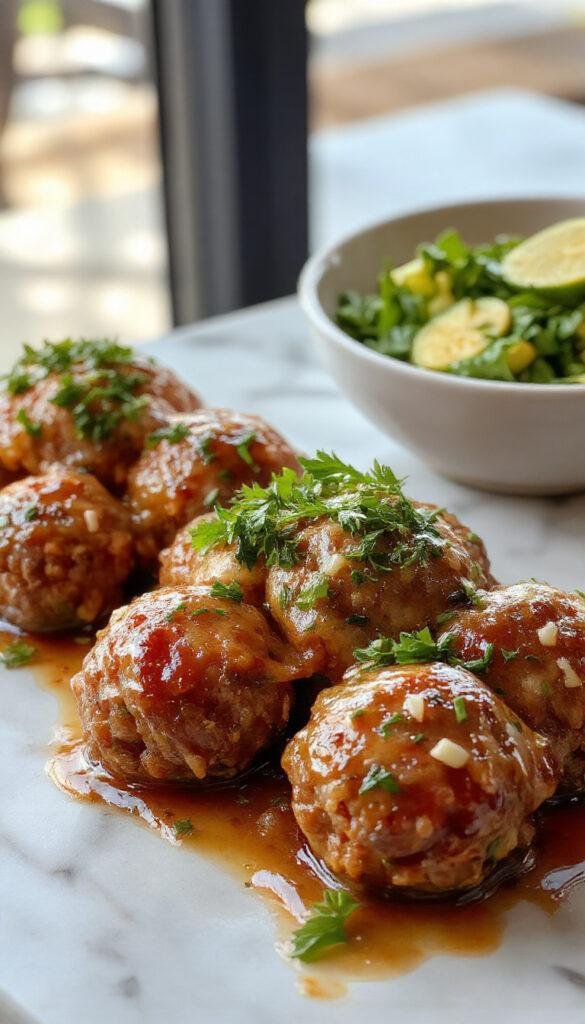 A plate of Bobby Flay's Perfect Italian Meatballs served over pasta with marinara sauce, garnished with fresh basil and grated Parmesan cheese.