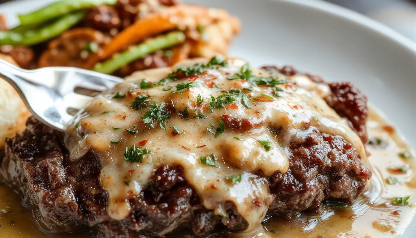 A close-up of a perfectly cooked Salisbury steak topped with rich mushroom gravy, garnished with fresh herbs, served on a rustic white plate with a side of mashed potatoes and steamed vegetables. The steak has a golden-brown crust, and the gravy is thick and glossy, with sliced mushrooms visible throughout.