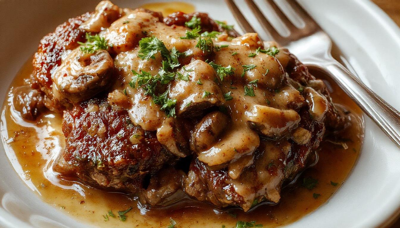 A close-up of a perfectly cooked Salisbury steak topped with rich, dark mushroom gravy. The steak is garnished with sautéd mushrooms and herbs, served on a rustic white plate with a side of mashed potatoes and green beans. The dish showcases a glossy gravy coating the tender meat, with steam rising slightly, enhancing its inviting appeal.
