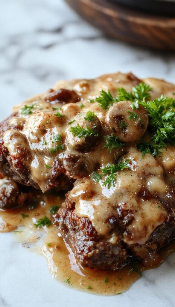 A plate of Bobby Flay's Salisbury Steak topped with rich mushroom gravy, served alongside mashed potatoes and steamed vegetables, capturing a comforting home-cooked meal.