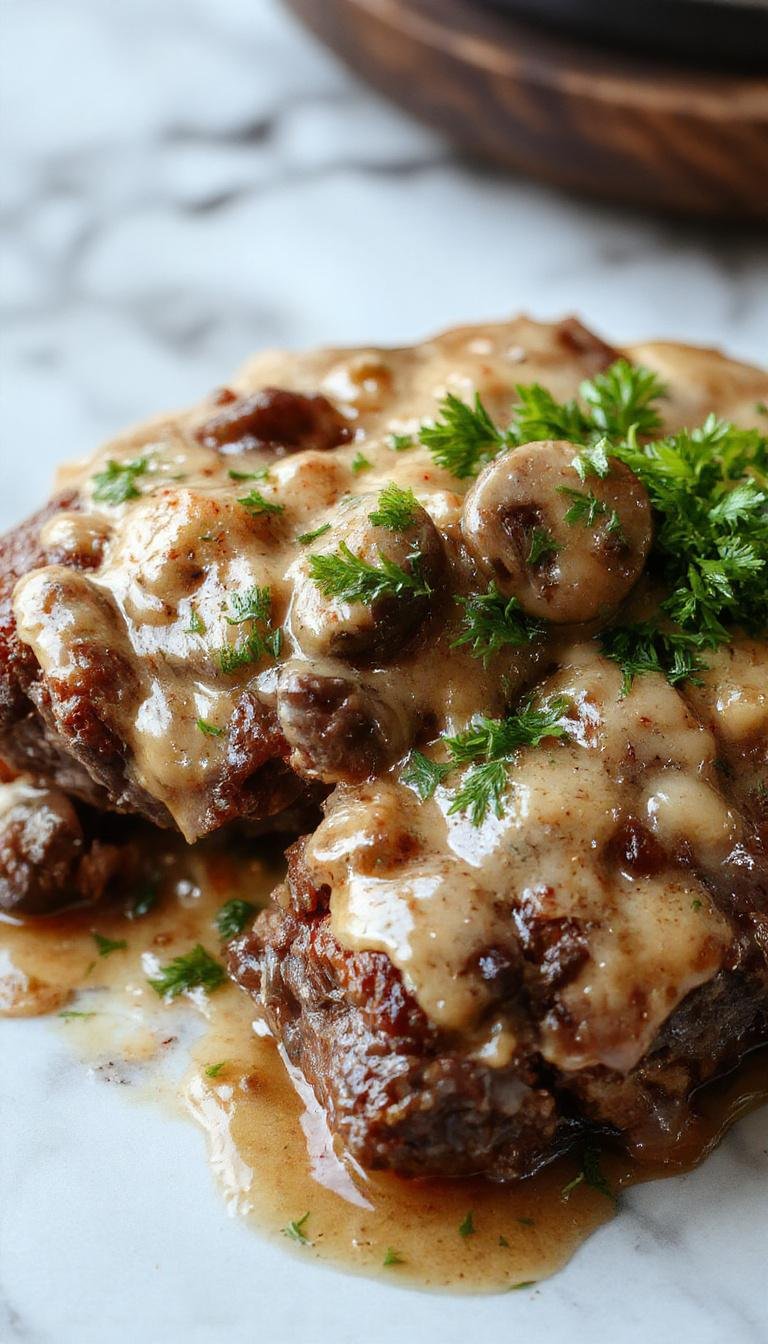 A plate of Bobby Flay's Salisbury Steak topped with rich mushroom gravy, served alongside mashed potatoes and steamed vegetables, capturing a comforting home-cooked meal.