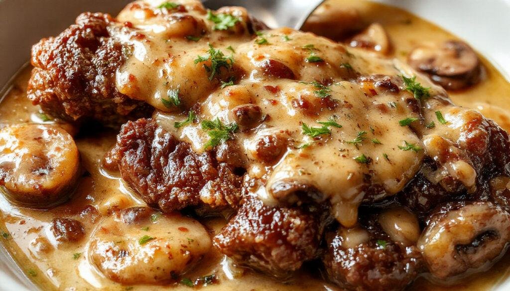 A close-up of a rustic plate featuring a perfectly cooked Salisbury steak topped with rich, velvety mushroom gravy. The steak is garnished with fresh herbs and surrounded by sautéed mushrooms and a drizzle of gravy, set against a warm, inviting background.
