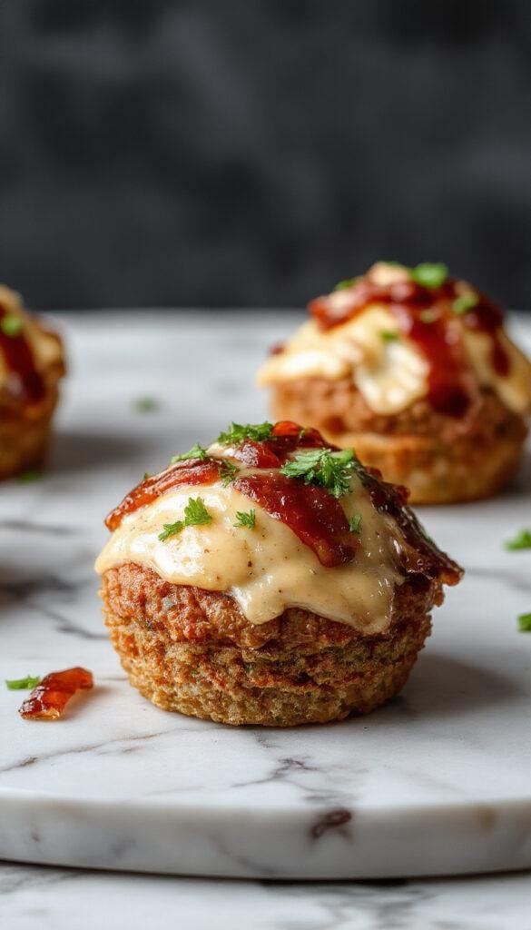 A tray of Bourbon BBQ bacon meatloaf cupcakes arranged on a rustic wooden table, topped with melted cheese and crispy bacon strips.