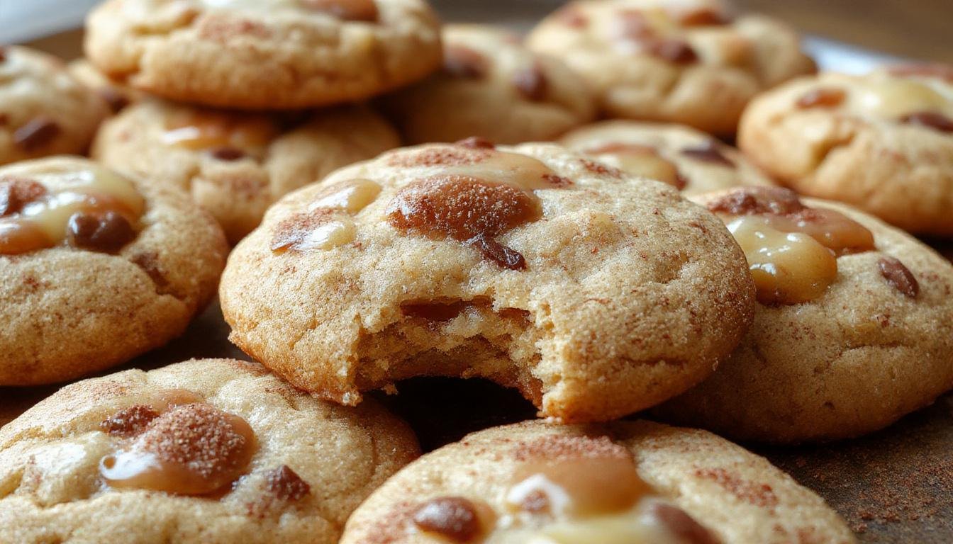 Golden-brown snickerdoodles with a slightly cracked surface, drizzled with glossy caramel sauce and small apple chunks visible inside, arranged on a rustic wooden plate with cinnamon sugar sprinkled around, creating a warm, inviting fall-themed presentation.