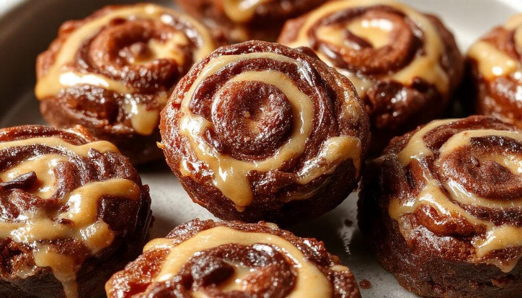 A close-up of caramel swirl brownie bites arranged on a white plate, showcasing their rich chocolate color intertwined with golden caramel swirls, topped with a light dusting of powdered sugar. The glossy caramel streaks contrast beautifully with the fudgy texture of the brownies, creating an inviting and tempting presentation.