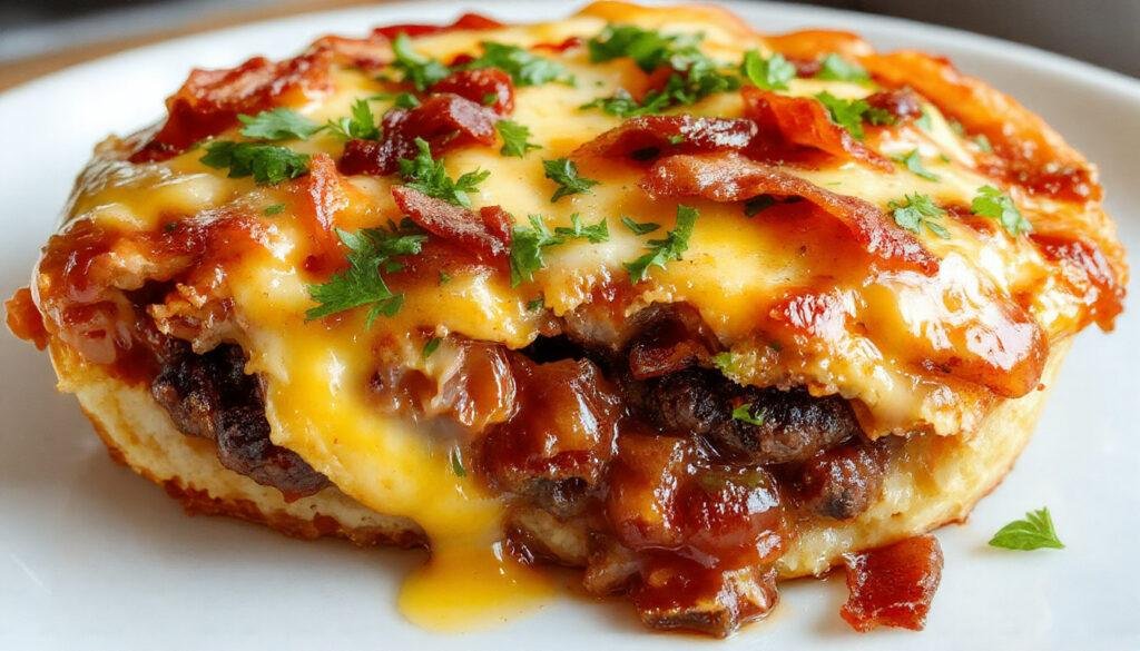 A close-up of a savory bacon cheeseburger pie with a golden-brown crust, topped with melted cheese, crispy bacon strips, and fresh green lettuce garnish. The pie is sliced open, revealing layers of seasoned ground meat, cheese, and bacon inside, presented on a rustic wooden platter with a rustic backdrop.