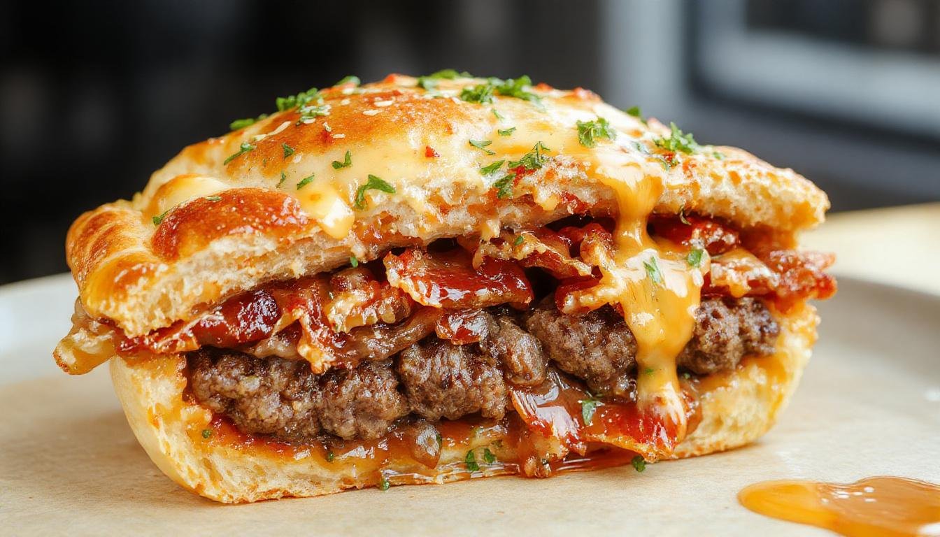 A savory bacon cheeseburger pie sliced open reveals a golden-brown crust filled with melted cheese, crispy bacon bits, ground beef, and fresh green herbs. The pie is placed on a rustic wooden board with a few slices of fresh lettuce and tomatoes on the side, highlighting its hearty, indulgent appearance.