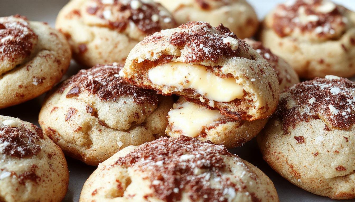 A close-up of a freshly baked snickerdoodle cookie split open to reveal a creamy cheesecake filling, with cinnamon sugar coating on the exterior, placed on a rustic wooden surface