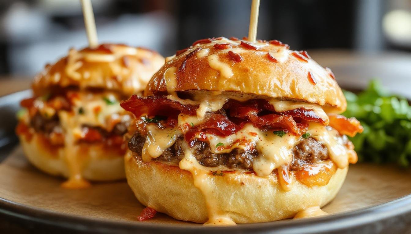 Golden-brown bacon-wrapped cheeseburger bombs arranged neatly on a rustic wooden platter. The bombs are topped with melted cheese and garnished with fresh herbs, showcasing a crispy bacon exterior, gooey cheese inside, and vibrant toppings.