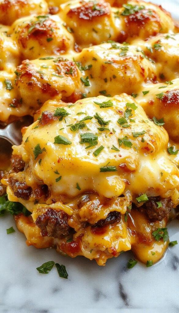 A delicious cheesy cheeseburger tater tot casserole served in a baking dish, topped with melted cheese and fresh toppings, ready to serve.