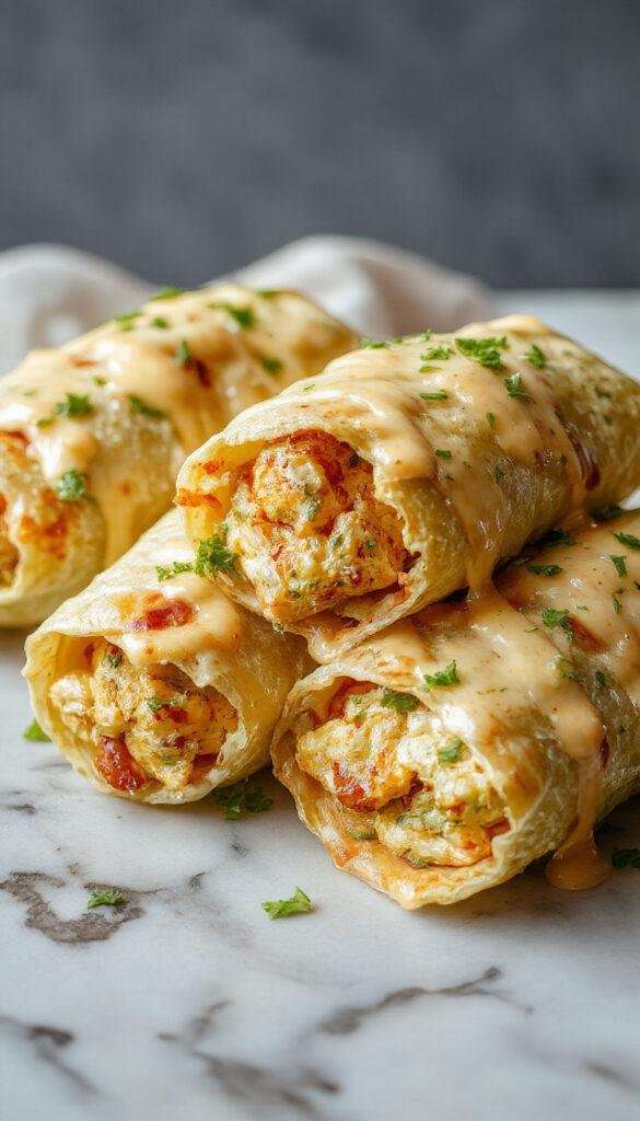 A close-up of grilled chicken wraps filled with melted cheese, garlic sauce, and fresh greens, wrapped in warm tortillas.