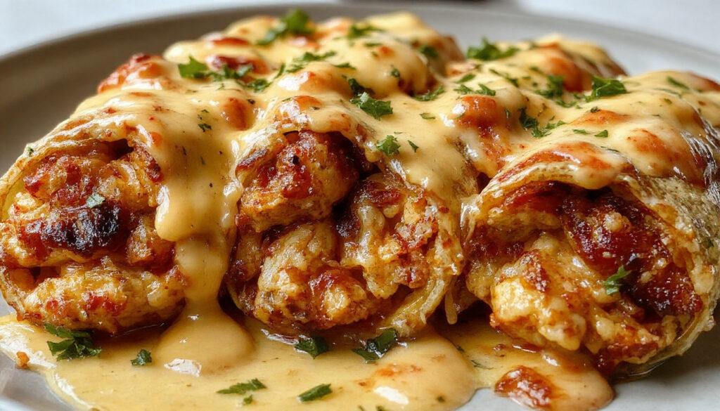 A close-up of cheesy garlic chicken wraps sliced diagonally to reveal a melty cheese filling, garnished with fresh herbs on a rustic wooden surface, with a creamy garlic sauce dip nearby.