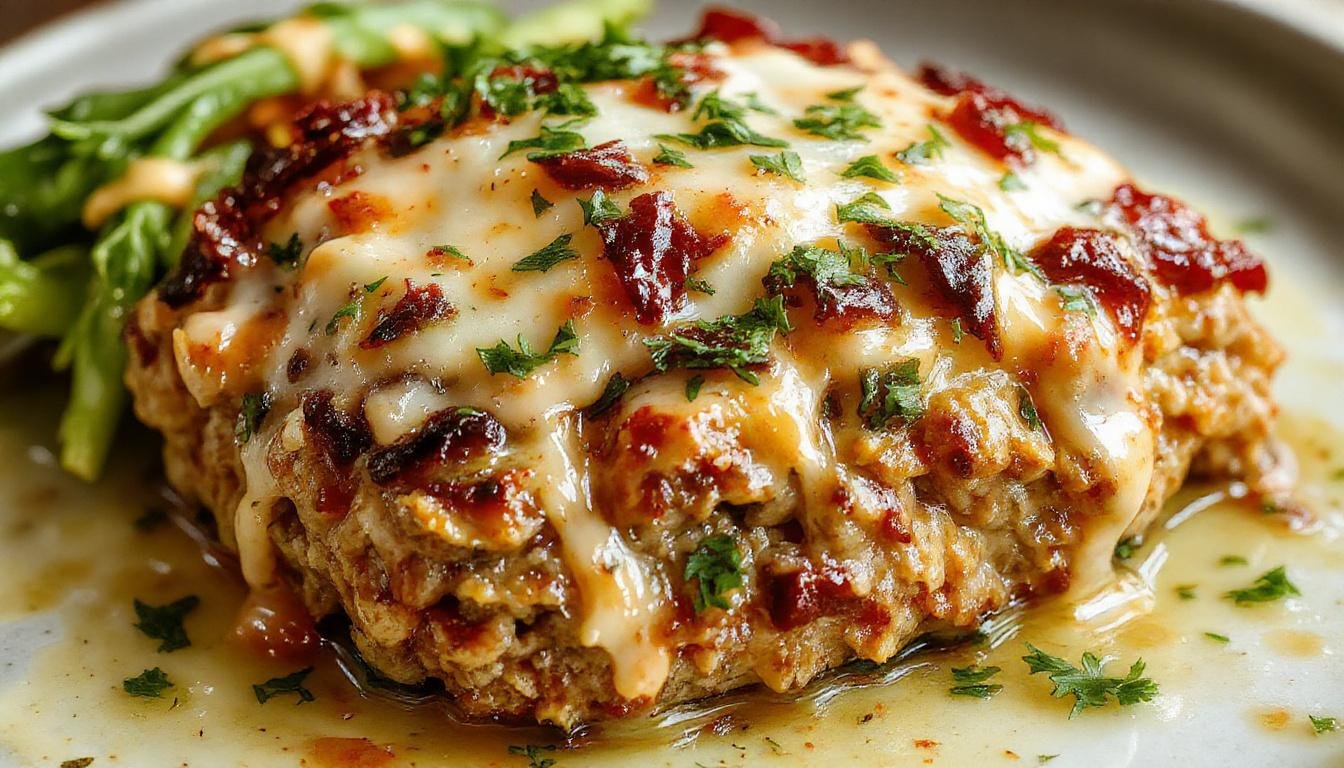 A savory chicken meatloaf glazed with a golden-brown crust topped with melted cheese and garnished with chopped fresh parsley, sliced to reveal a moist, textured interior. The dish is plated on a rustic wooden surface with a side of roasted vegetables, showcasing the vibrant colors and hearty appeal.